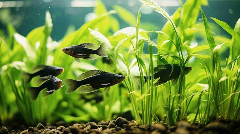 cory catfish swimming in a tank with plants