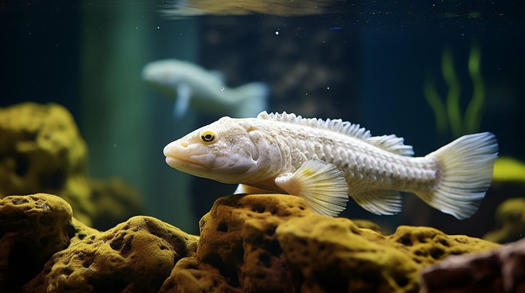 albino plecos swimming in an aquarium